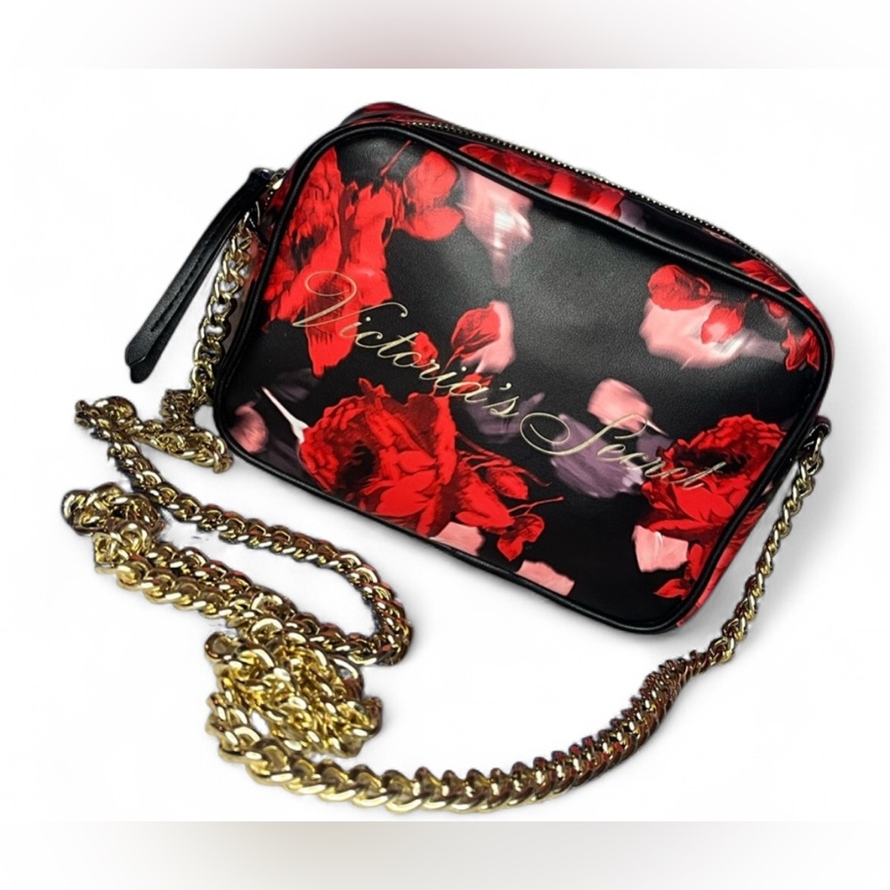 🎉✨ Victoria’s Secret Floral Rose Art  Gold Jewelry Crossbody Bag Purse 6in X 9in